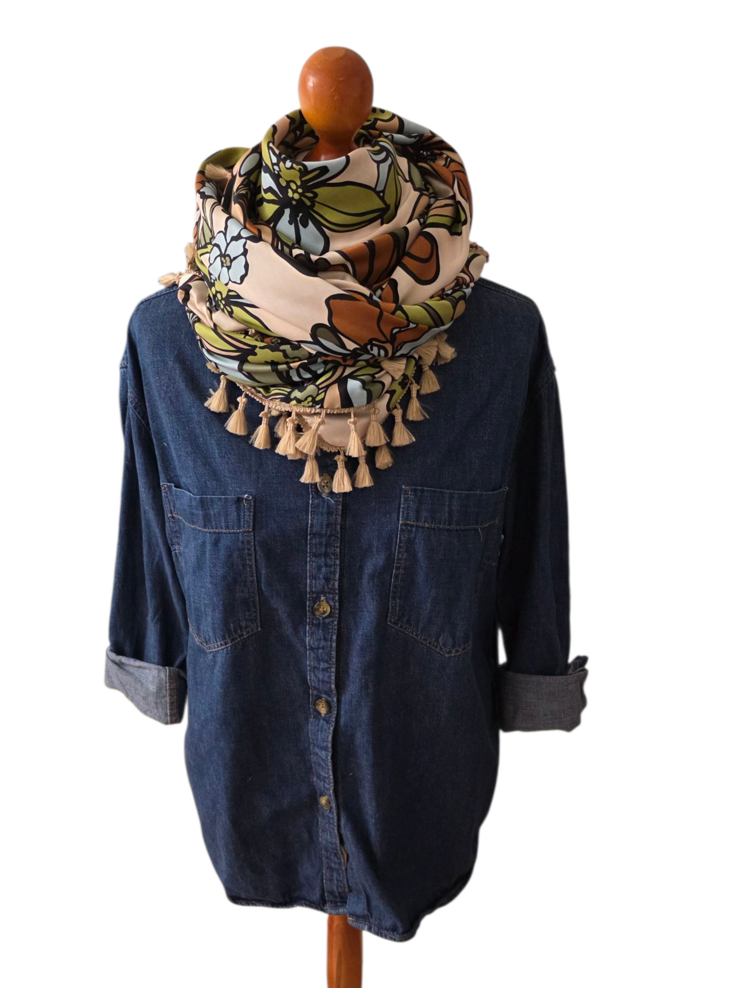 Dreieckstuch Damen Savina, Schal Damen, Blumen,  Hellblau,  Beige, Braun, Olivgrün