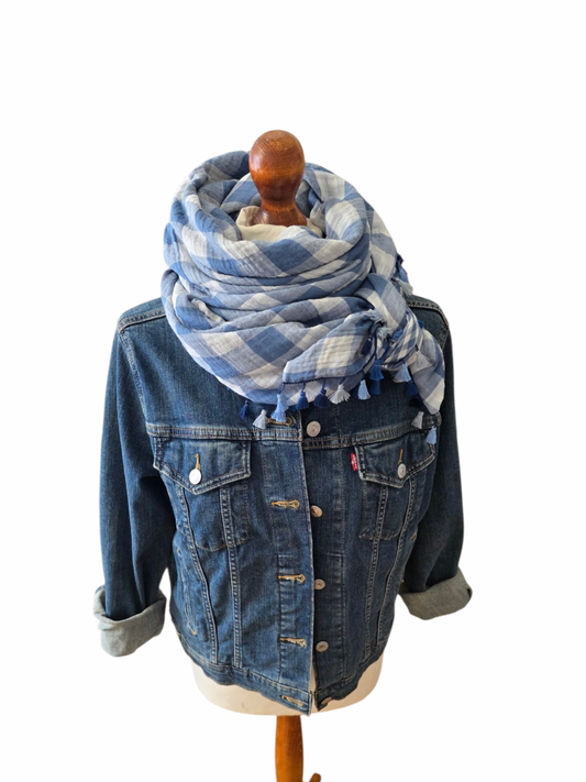 Dreieckstuch Damen Lara, Schal Damen,  Musselinschal, kariert, taubenblau, hellgrau