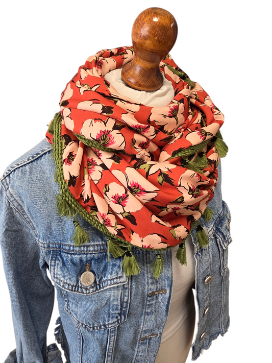 Dreieckstuch Damen Annina, Schal Damen, Blumen, Marsala, Peach, Olivegrün