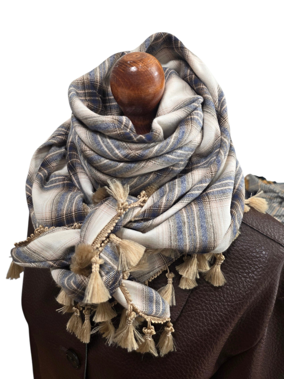 Dreieckstuch Damen Soleil, Schal Damen, kariert, ecrú, brun, dunkelblau, Flanell