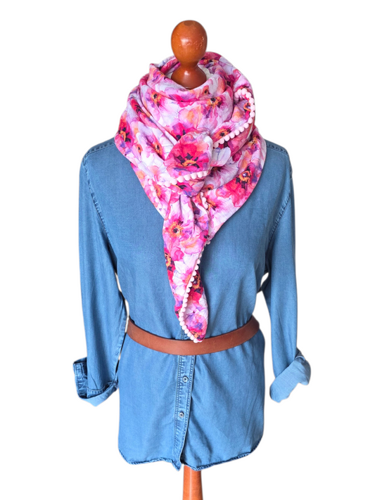Dreieckstuch Damen Isabella, Schal Damen,  Musselintuch,  pink, rosa, Blumen