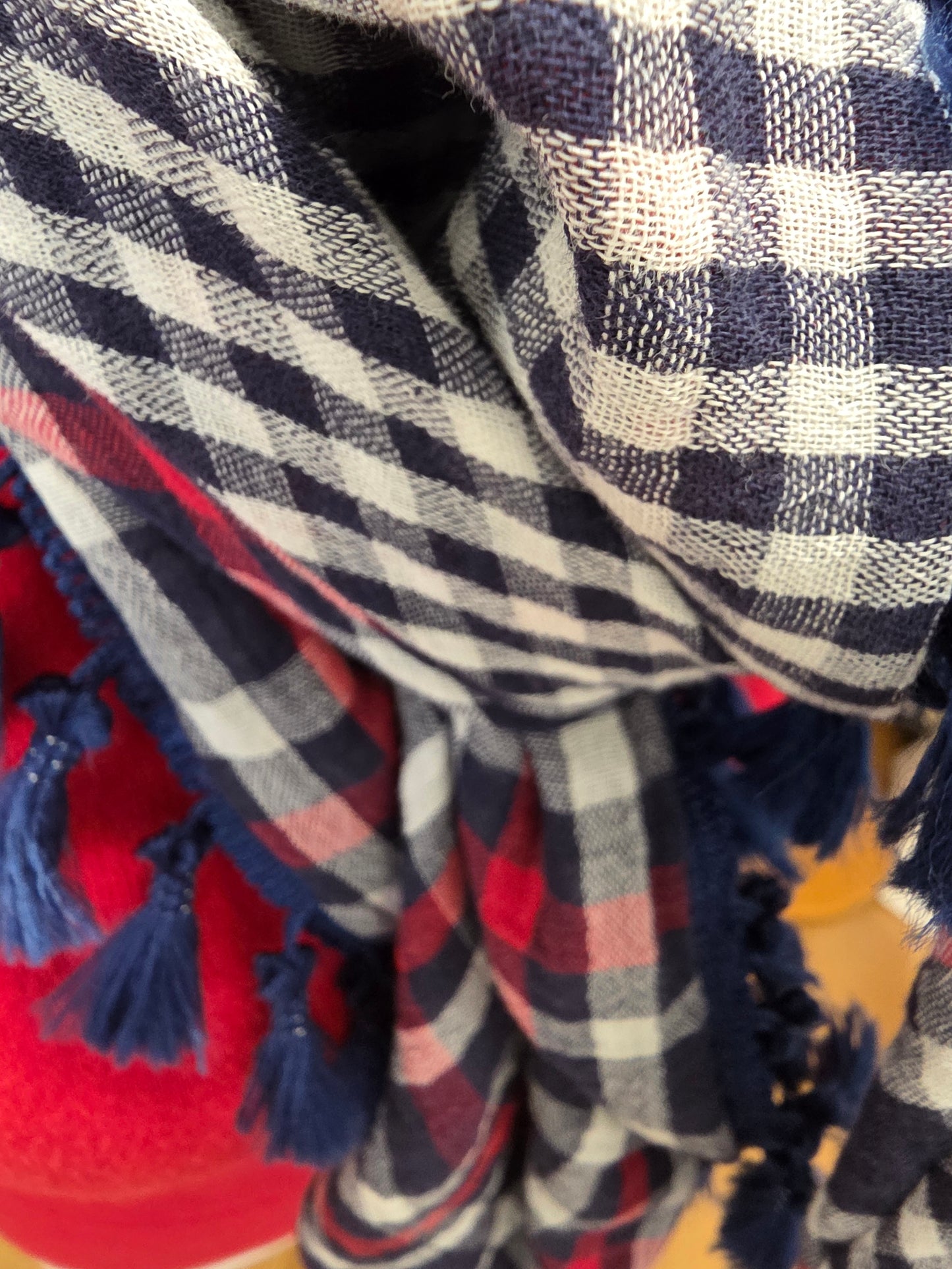 Dreieckstuch Damen Annette, Schal Damen, Musselintuch, kariert, weiss, blau, rot