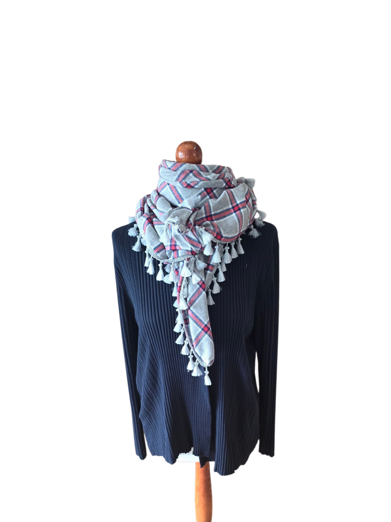 Dreieckstuch Damen Daria, Schal Damen,  kariert, hellgrau, marineblau, rot, Flanell