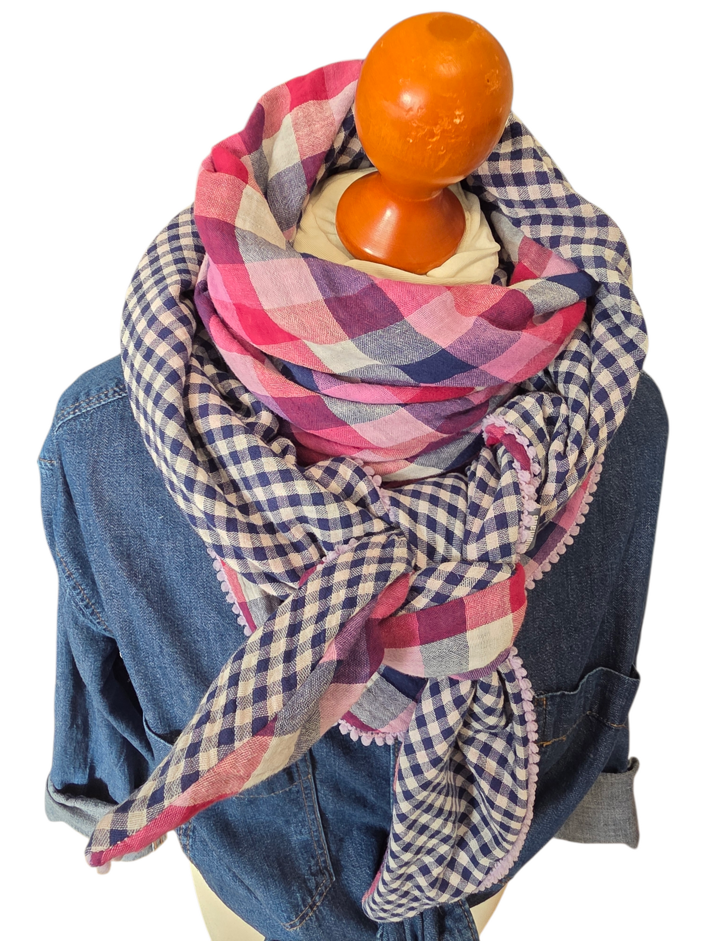 Dreieckstuch Damen Celeste, Schal Dame, Musselintuch,  Karo, marineblau, beeren, rosa, hellgrau