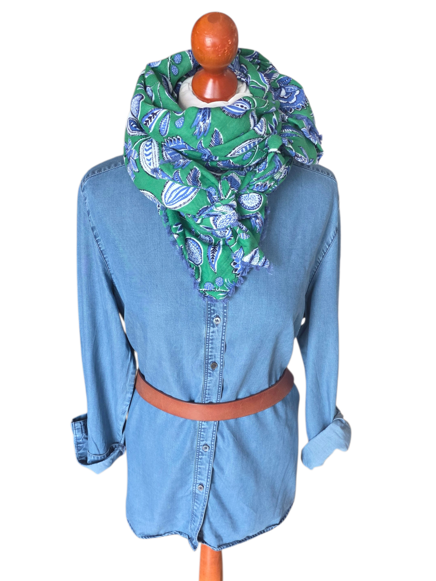 Dreieckstuch Damen Aurora, Schal Damen,  Musselintuch,  grün, Jeansblau