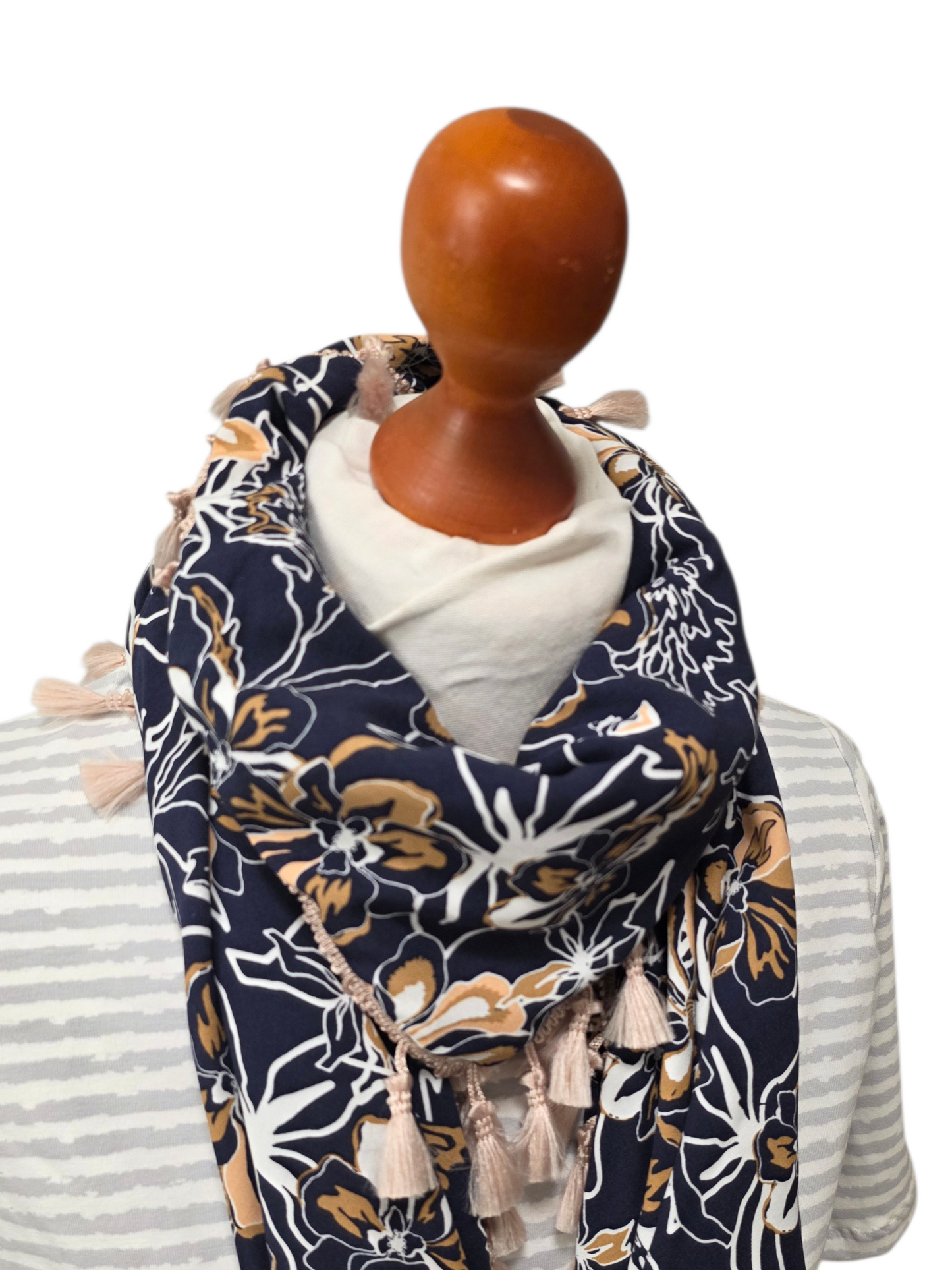 Dreieckstuch Damen Dora, Schal Damen, Blumen, dunkelblau-beige