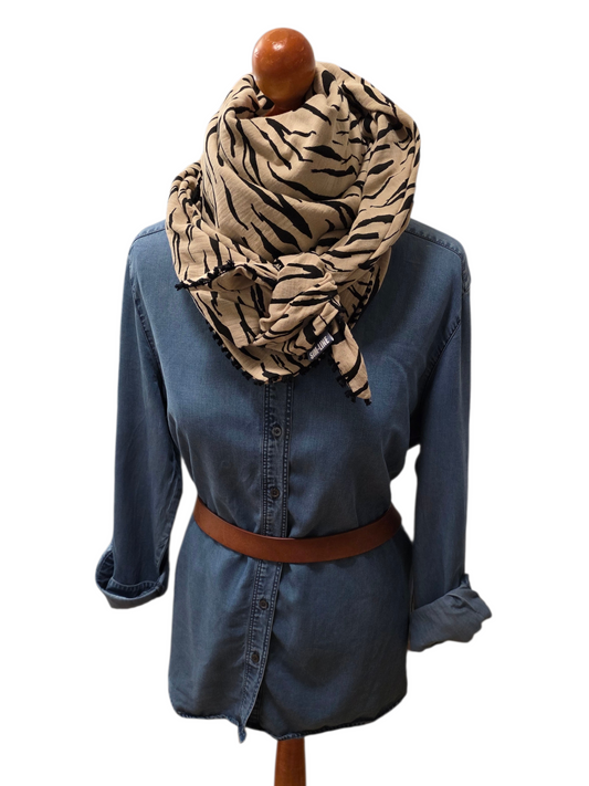Dreieckstuch Damen Mariebelle, Schal Damen,  Musselintuch,  Zebramuster,  beige-schwarz