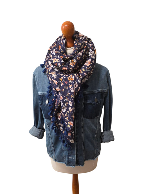 Dreieckstuch Damen Joelle, Schal Damen, Musselintuch, Blumen, marineblau