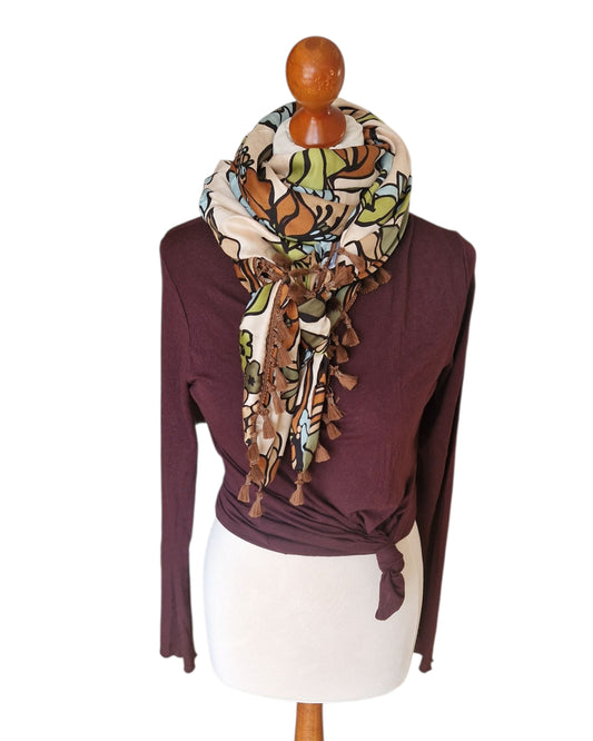 Dreieckstuch Damen Clémence, Schal Damen,  Viskose-Satin,  Blumen, olivegrün,  hellblau,  braun