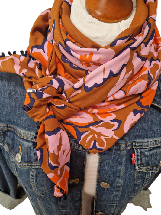 Dreieckstuch Damen Marlene, Schal Damen, braun, rosa  orange, blau, Blumen