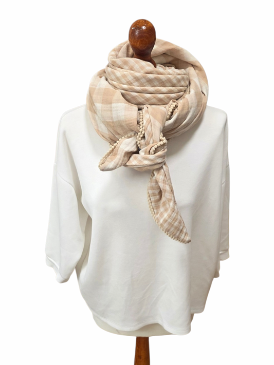 Dreieckstuch Damen Roberta,  Schal Damen,  Musselinschal,  kariert beige-offwhite