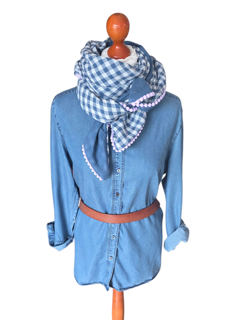 Dreieckstuch Damen Marinella,  Schal Damen,  Musselintuch,  Karomuster jeansblau,  weiss