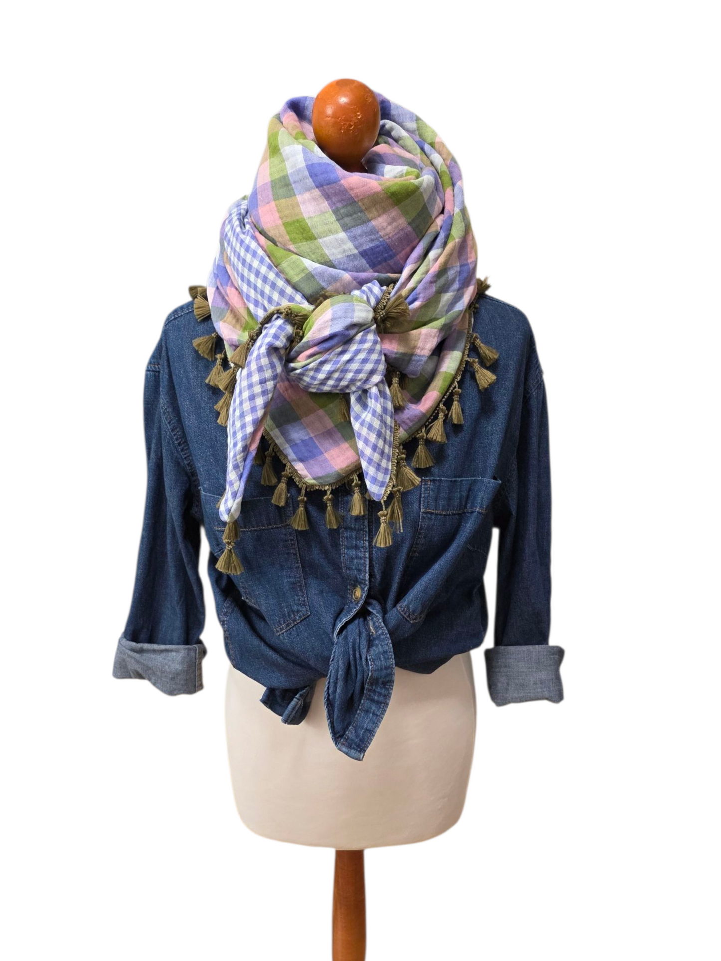 Dreieckstuch Damen Iva, Schal Damen,  Musselintuch,  Karomuster, rosa, lila, olivegrün