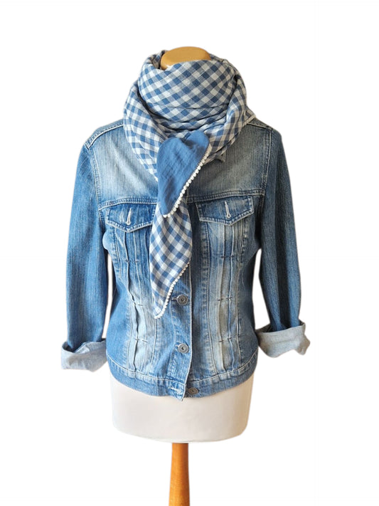 Dreieckstuch Damen Mariette, Schal Damen, Musselinschal jeansblau-weiss