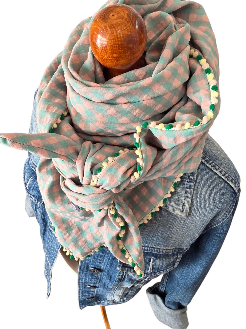 Dreieckstuch Damen Christelle, Schal Damen, Seersucker, kariert, grün-peach