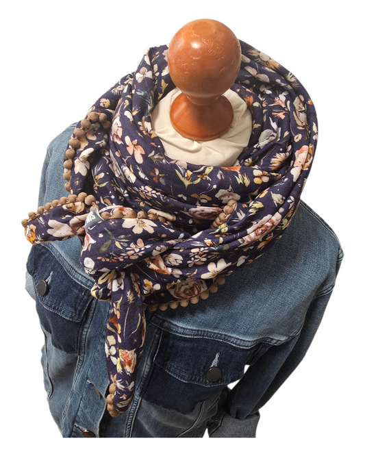 Dreieckstuch Damen Christine, Schal Damen, Musselintuch , Blumen, marineblau