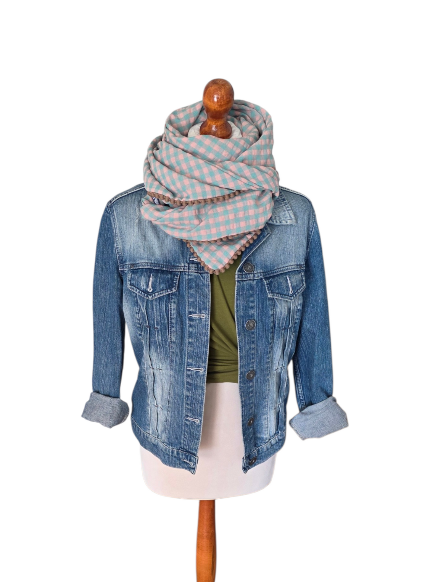 Dreieckstuch Damen Blanche, Schal Damen, Seersucker, kariert, grün-peach