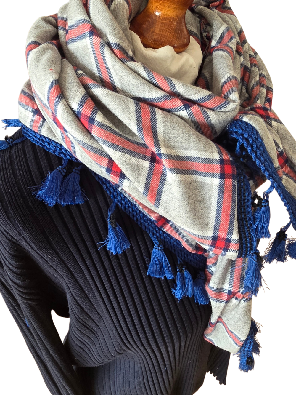 Dreieckstuch Damen Milla, Schal Damen, kariert, hellgrau, rot, blau, Flanell
