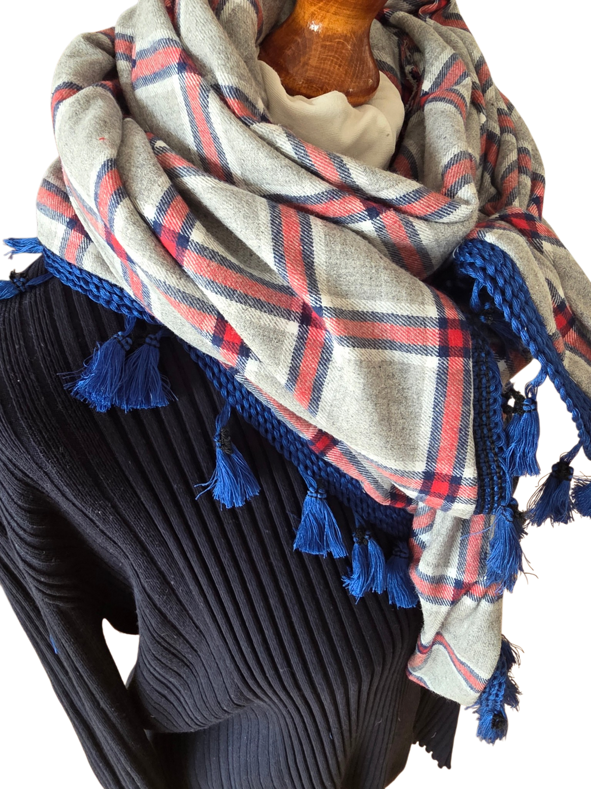 Dreieckstuch Damen Milla, Schal Damen, kariert, hellgrau, rot, blau, Flanell