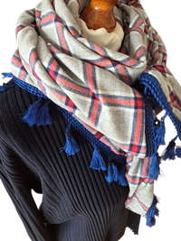 Dreieckstuch Damen Milla, Schal Damen, kariert, hellgrau, rot, blau, Flanell
