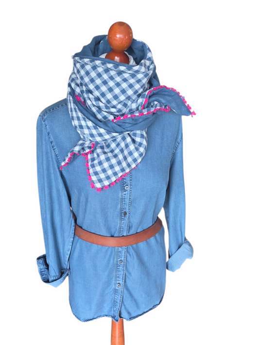 Dreieckstuch Damen Sofia, Schal Damen,  Musselintuch,  Karomuster, jeansblau,  weiss