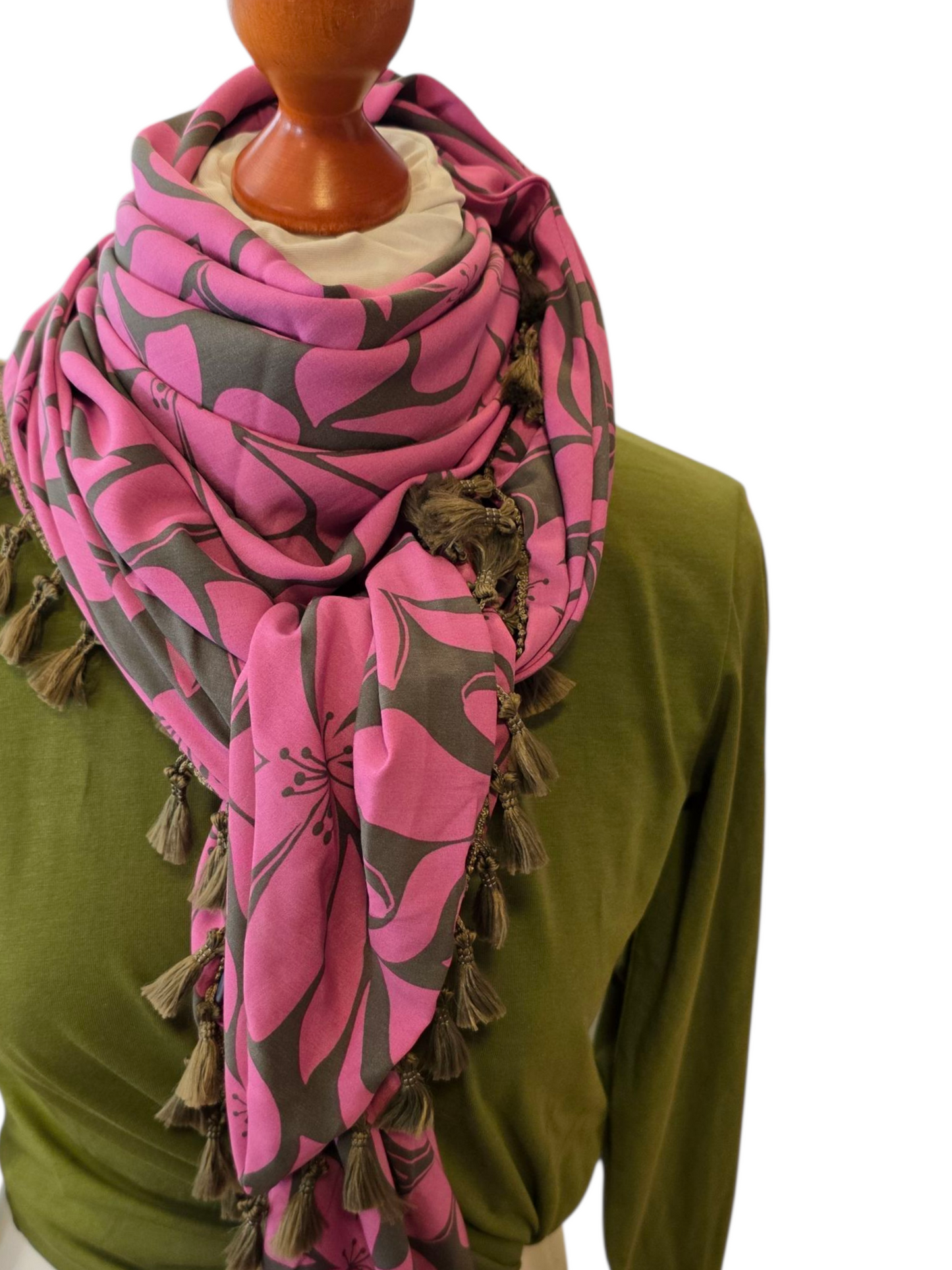 Dreieckstuch Damen Rowena, Schal Damen, pink, olivegrün, Blumen