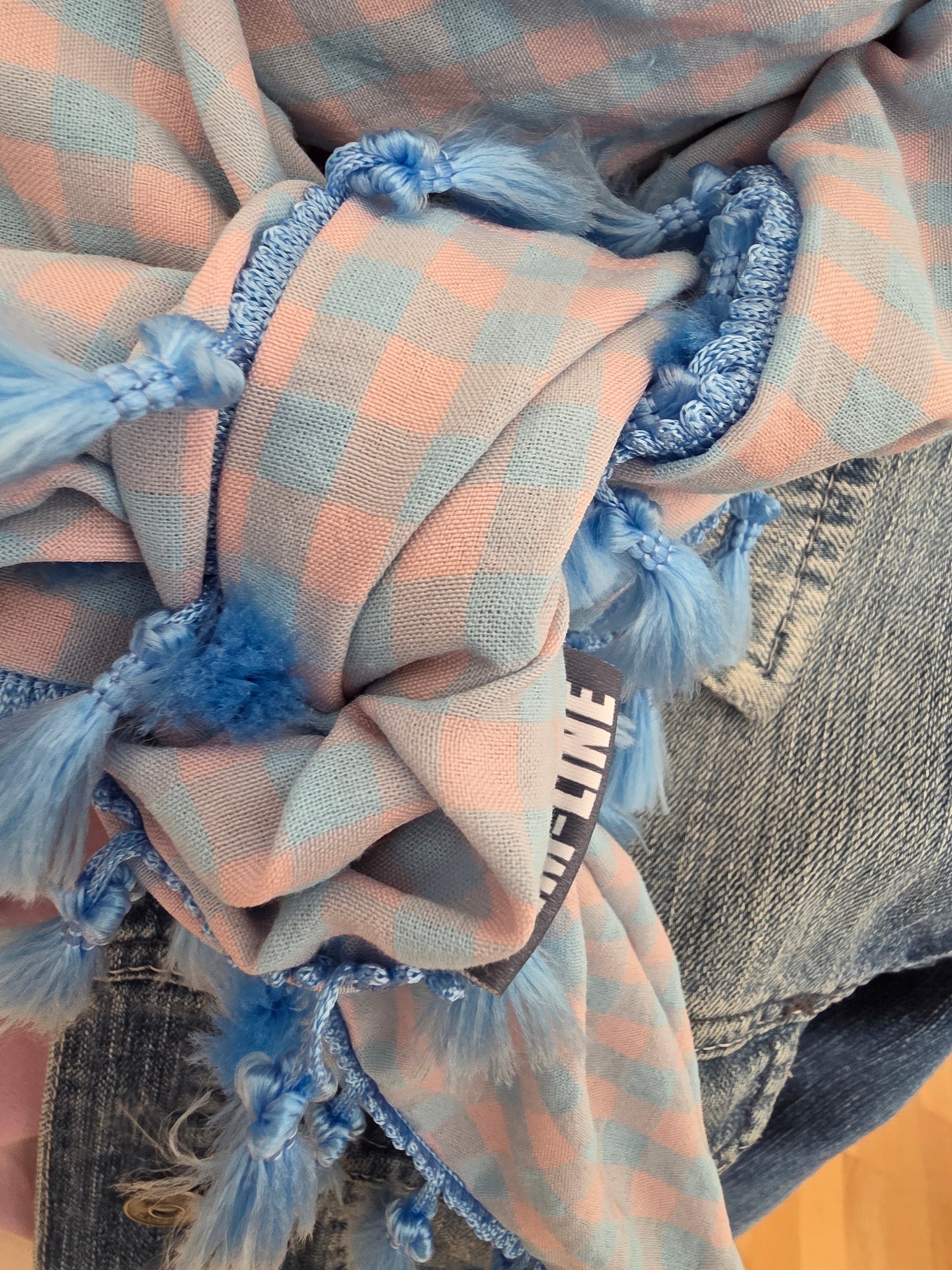Dreieckstuch Damen Josette, Schal Damen, Seersucker, kariert, hellblau, peach