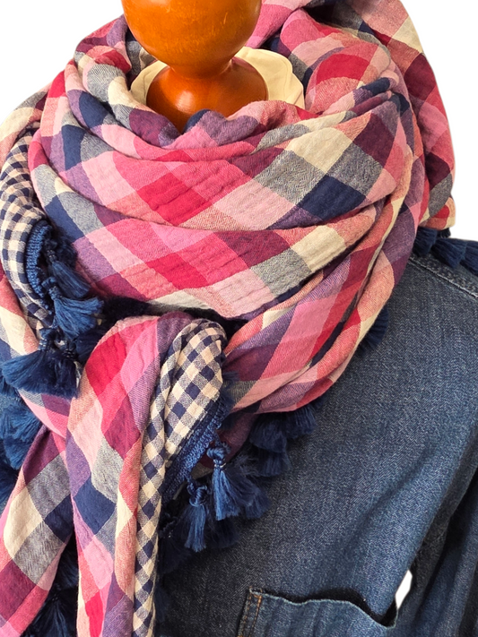Dreieckstuch Damen Daniella, Schal Damen,  Musselintuch,  Karomuster, rosa,  marineblau,  Hellgrau,  lila, beeren