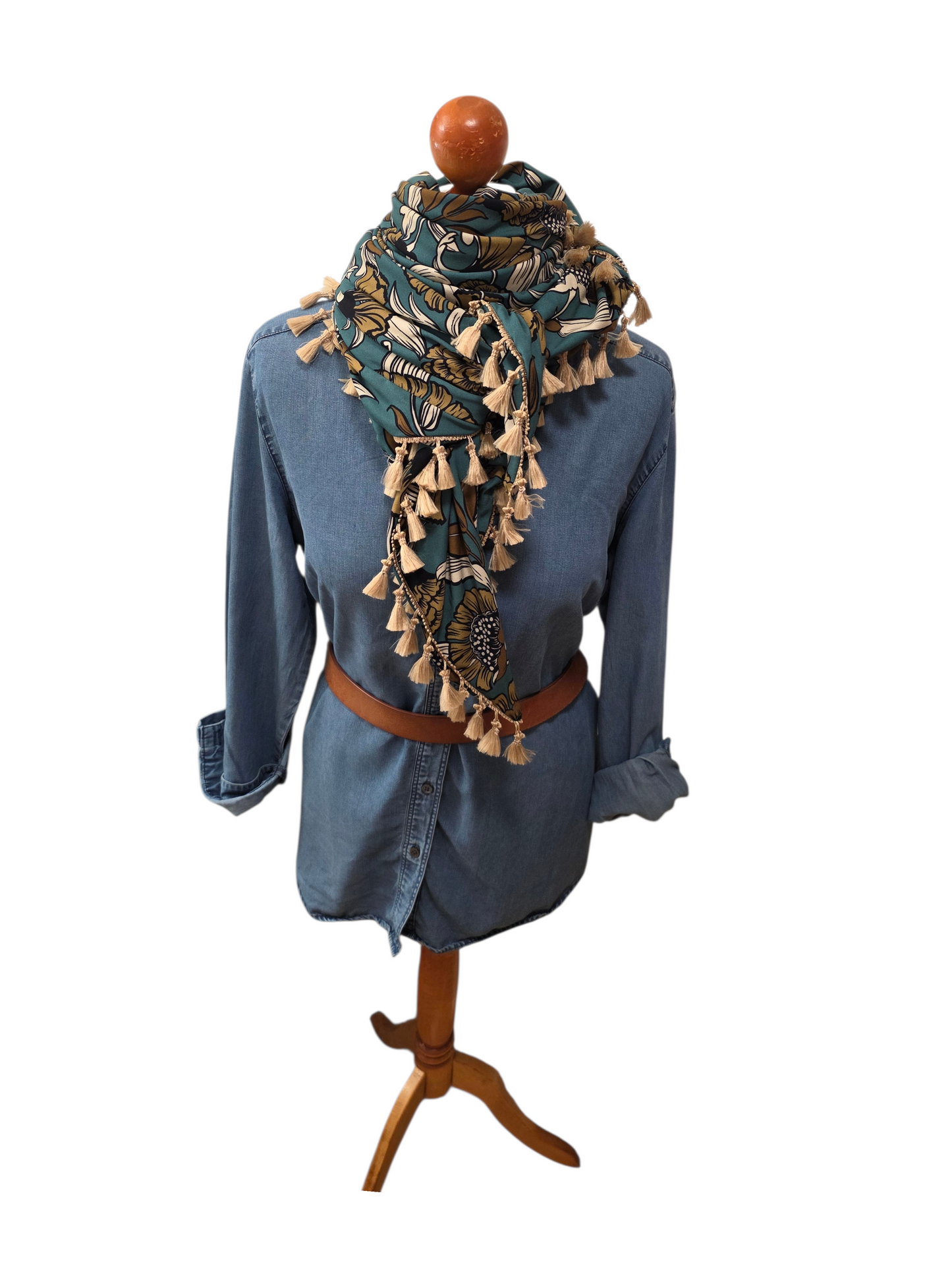 Dreieckstuch Damen Ramona, Schal Damen, Dunkelmint, Braun, Blumen