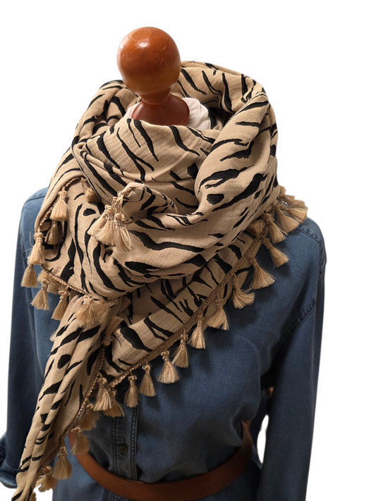 Dreieckstuch Damen Michelle,  Schal Damen,  Musselintuch,  Zebramuster,  schwarz - beige
